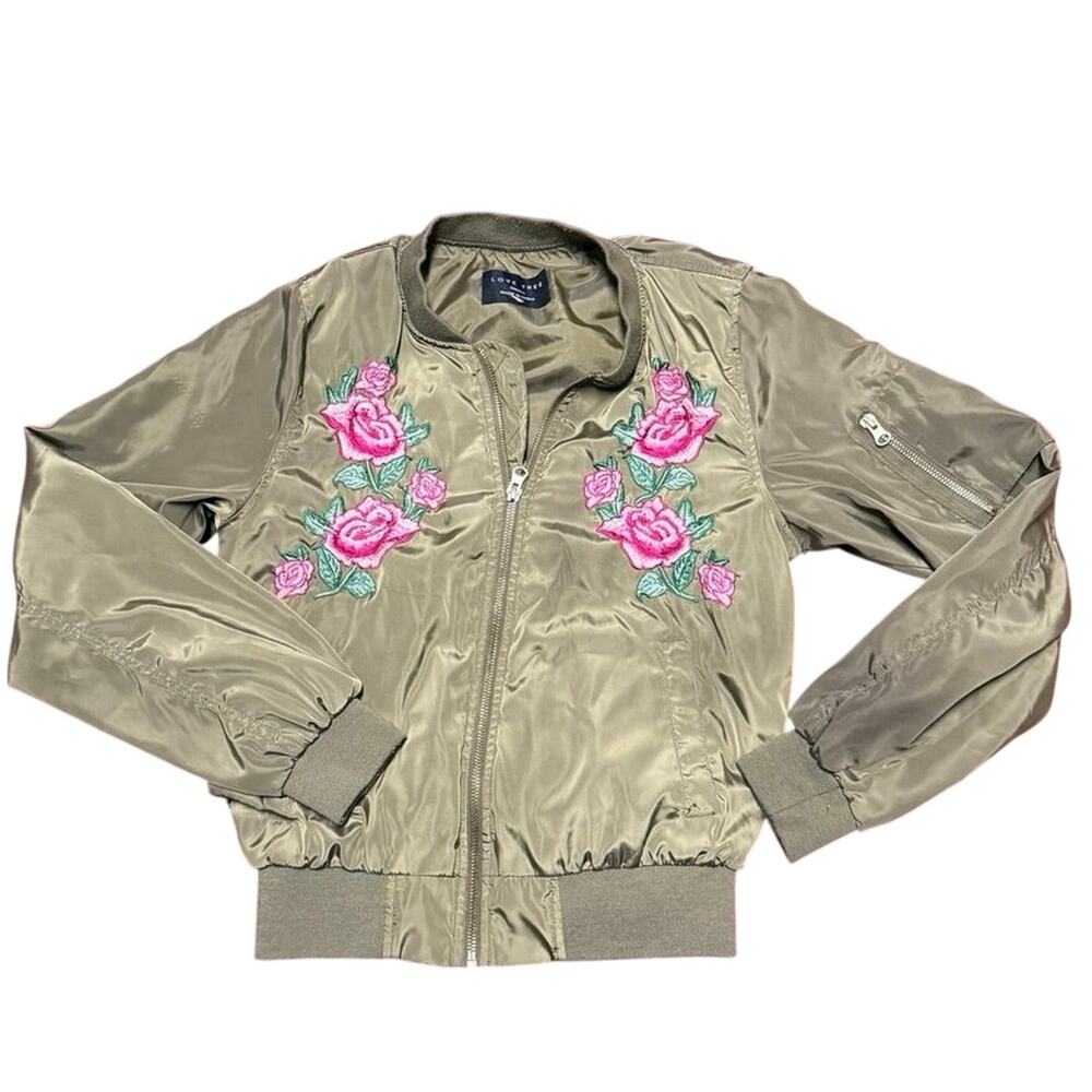 Love Tree Women’s Olive Bomber Jacket S Pink Rose Embroidered Floral MA-1